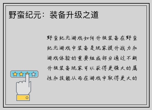 野蛮纪元：装备升级之道